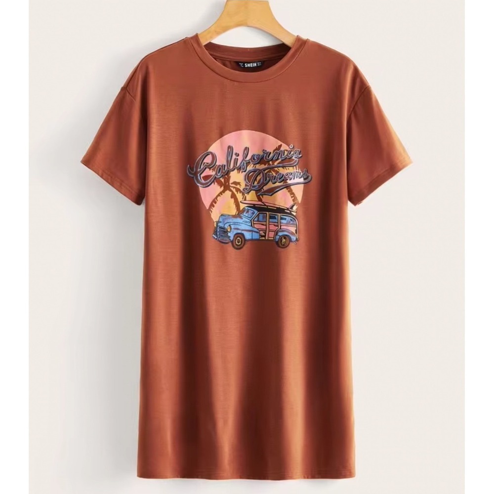 T-Shirt Dress Size XL California Dreams Rust Brown Graphic Mini Bohemian Shein